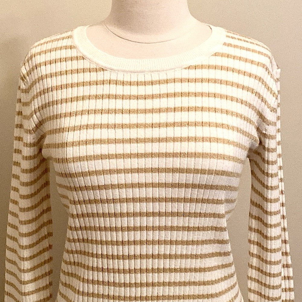 Nine West Cream Gold Metallic Striped L Coastal Nautical Preppy Casual Sweater - Picture 2 of 11
